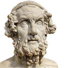 Reprodução em pedra de quem seria Homero. homem com cabelos médios e barba.