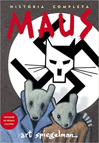 capa cinza, com a suástica ao centro, com título em vermelho. Aparecem três personagens estilizados: Hittler como um gato, e um casal de ratos vestindo sobretudos